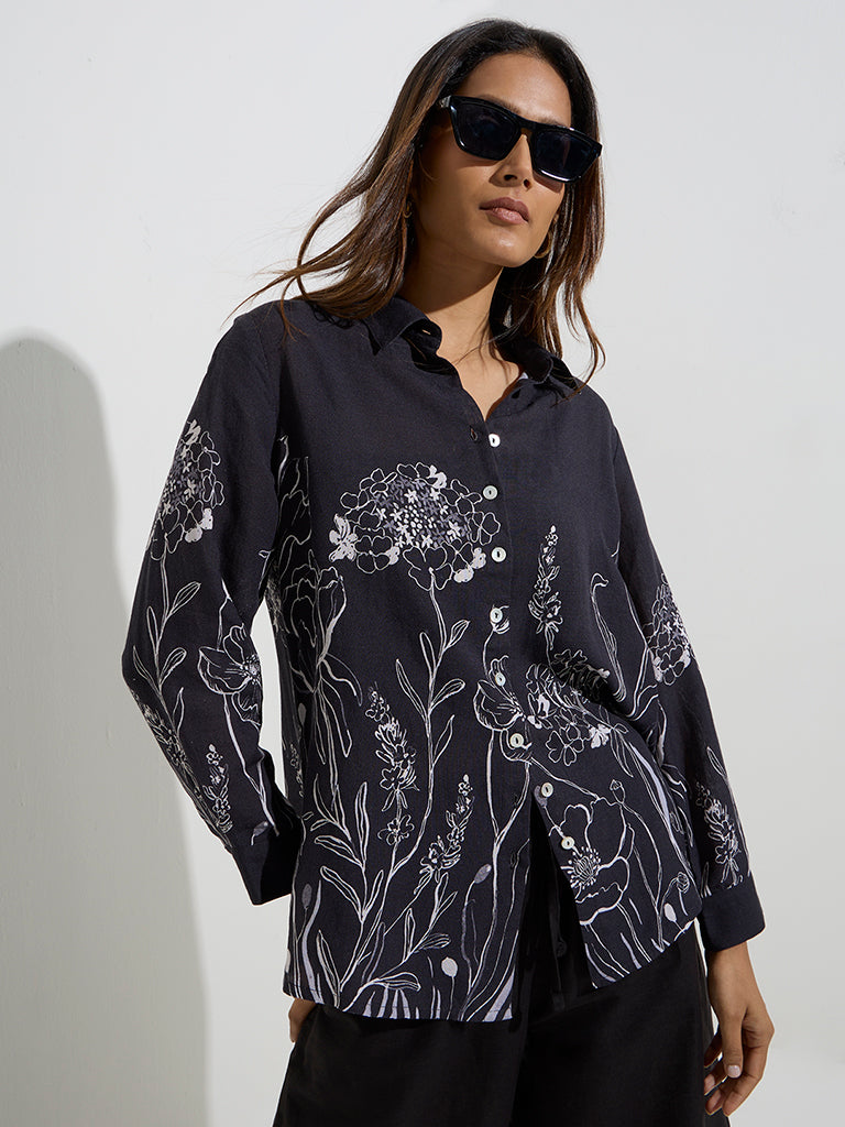 Westside Zuba Women's Black Floral Design Tunic for Work Wear Front View