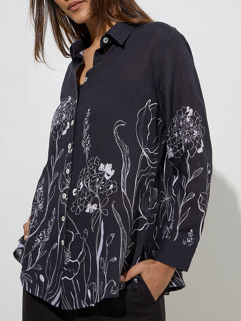 Westside Zuba Women's Black Floral Design Tunic for Work Wear Zoom View