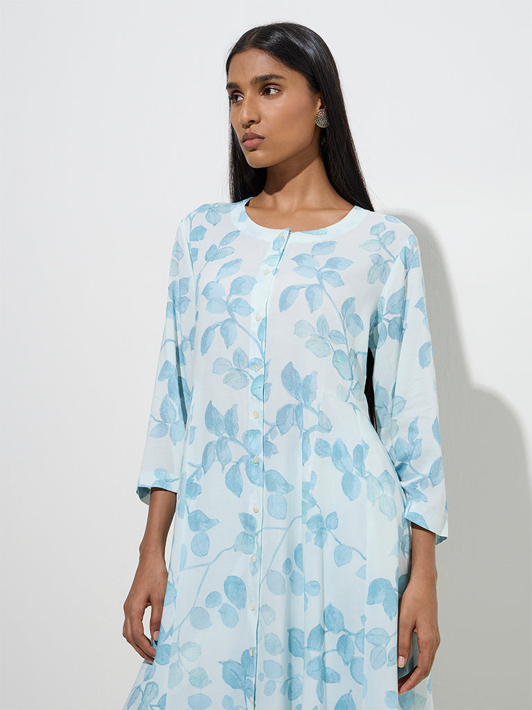 Westside Zuba Women's Blue Botanical Design A-Line Kurta for Work Wear Zoom View