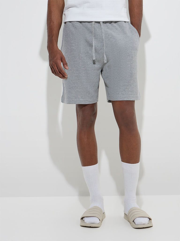 Westside WES Lounge Men's Grey Relaxed-Fit Mid-Rise Cotton-Blend Shorts for Casual Wear Front View