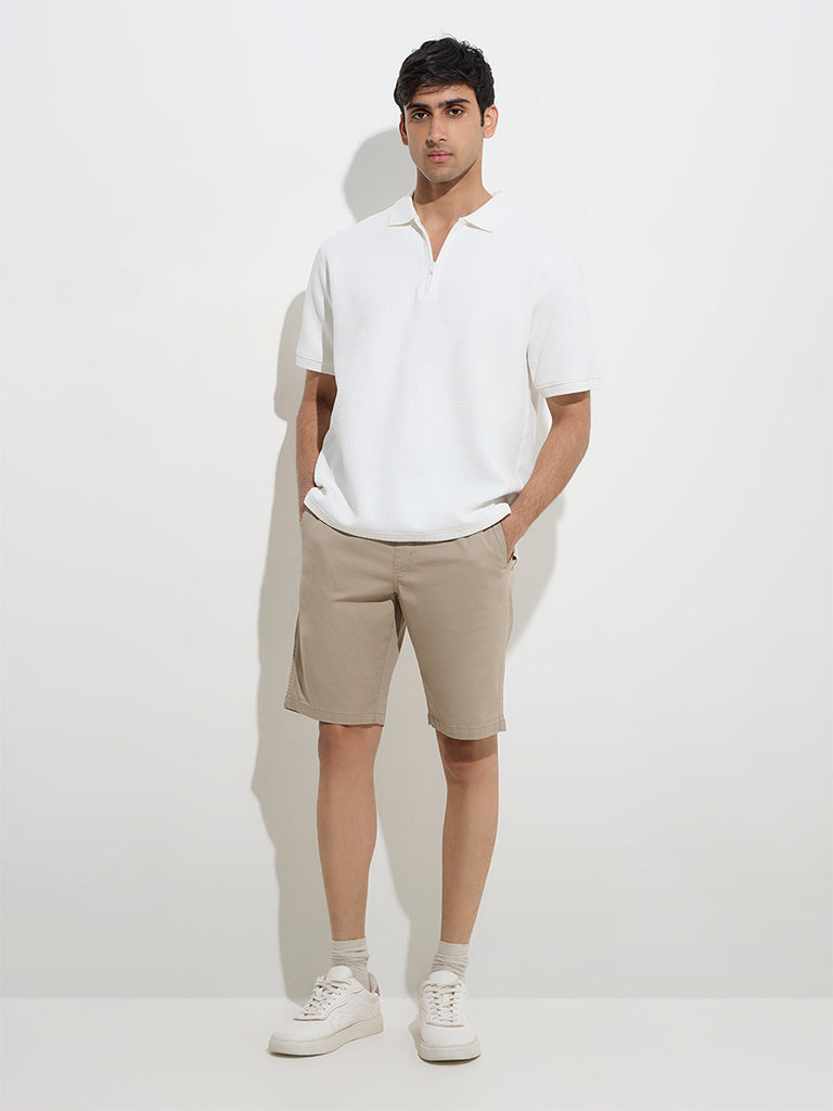 Westside WES Casuals Men's Beige Relaxed-Fit Mid-Rise Cotton-Blend Shorts for Casual Wear Full Model View