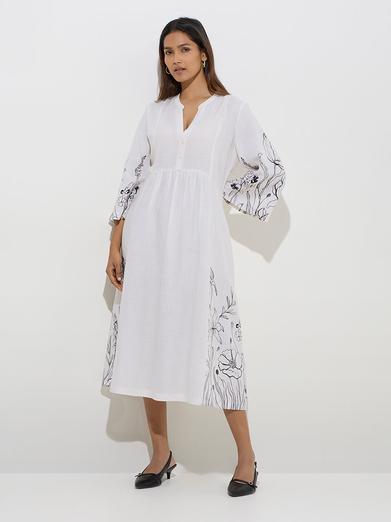 Westside Zuba Women's White Floral Print A-Line Dress for Work Wear Front View