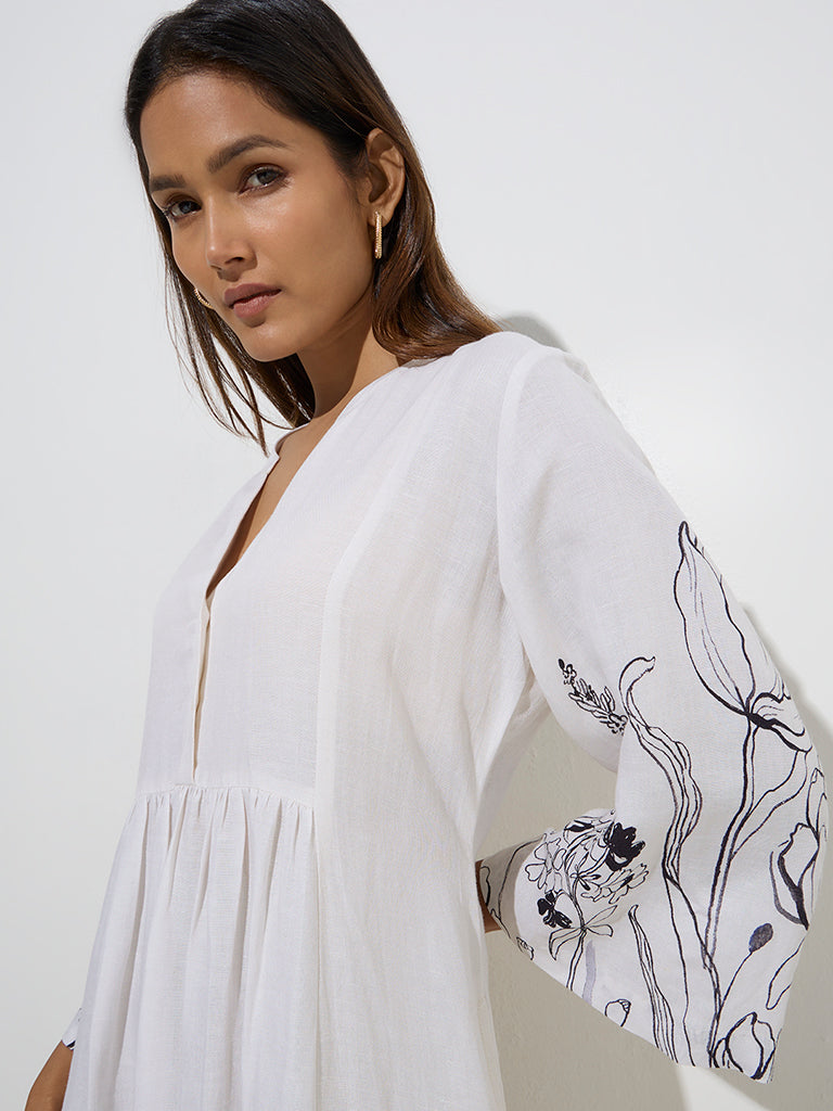 Westside Zuba Women's White Floral Print A-Line Dress for Work Wear Zoomed View