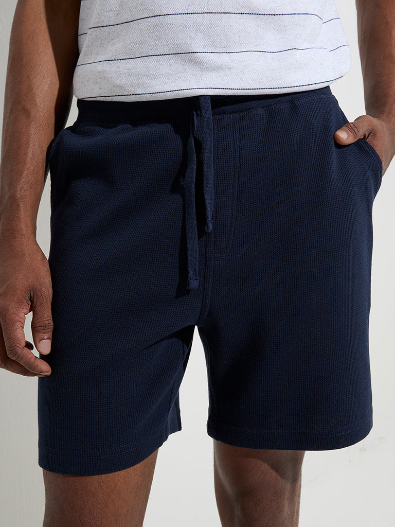 Westside WES Lounge Men's Navy Relaxed-Fit Mid-Rise Cotton-Blend Shorts for Casual Wear Zoom View