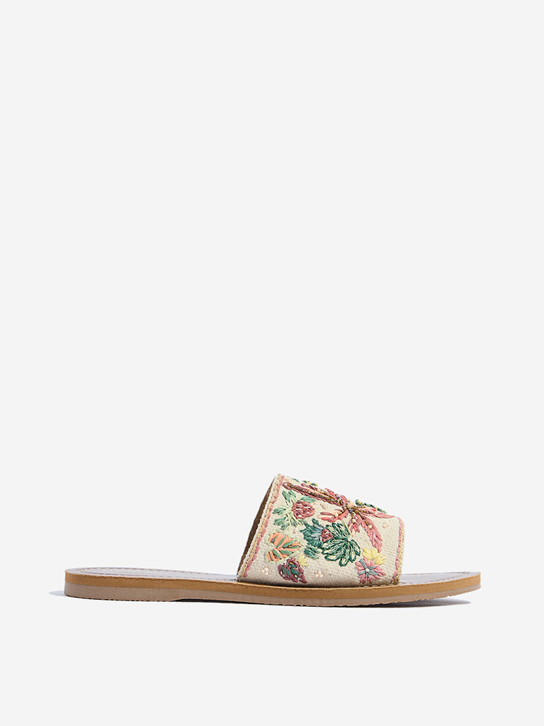 Westside LUNA BLU Women's Multicolour Embroidered Slides Side View