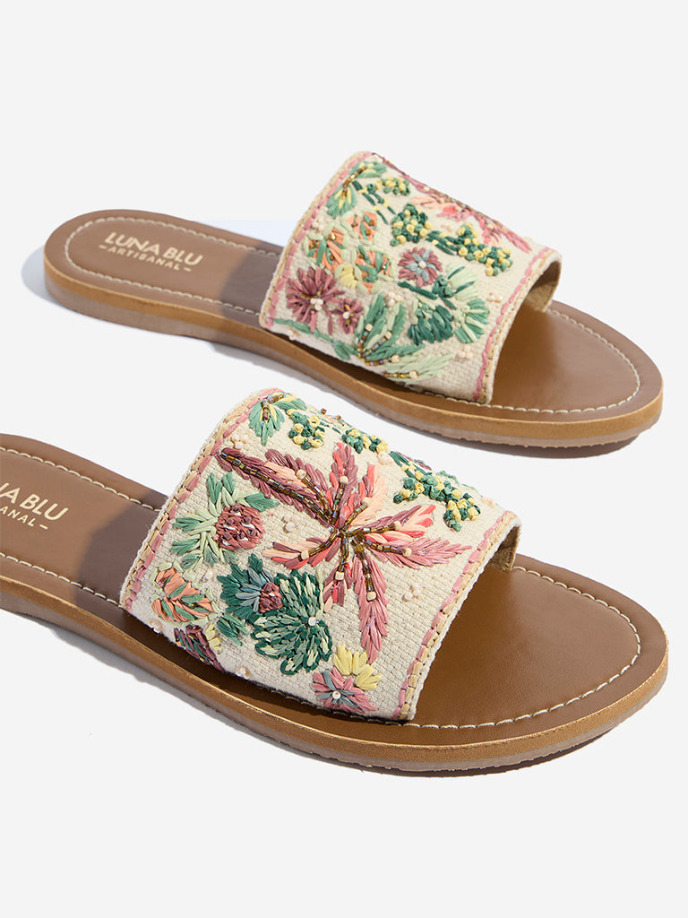 Westside LUNA BLU Women's Multicolour Embroidered Slides Zoomed View