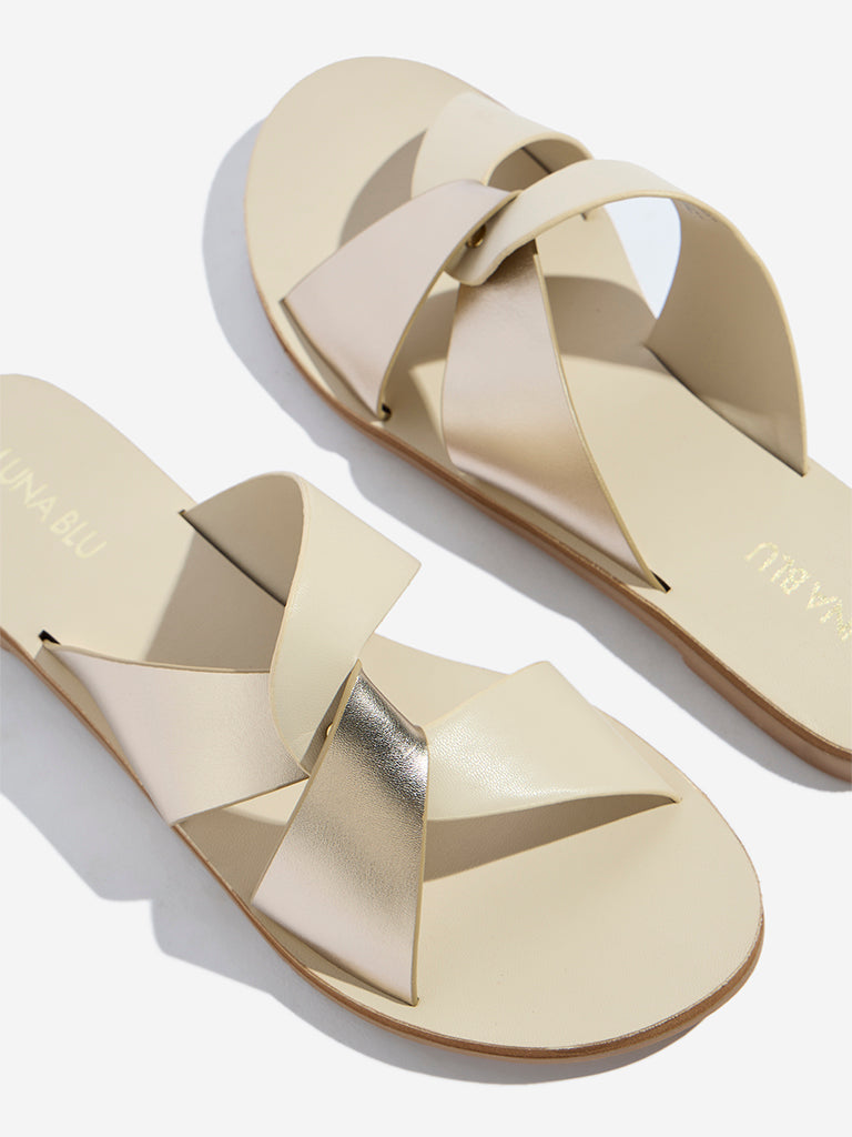 Westside LUNA BLU Women's Ivory Criss-Cross Strap Slides Zoomed View
