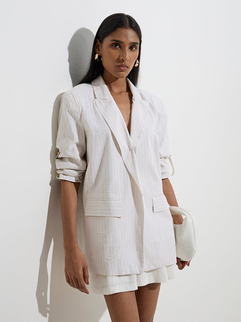 Westside Wardrobe Women's Light Beige Stripe Patterned Blazer for Work Wear Front View