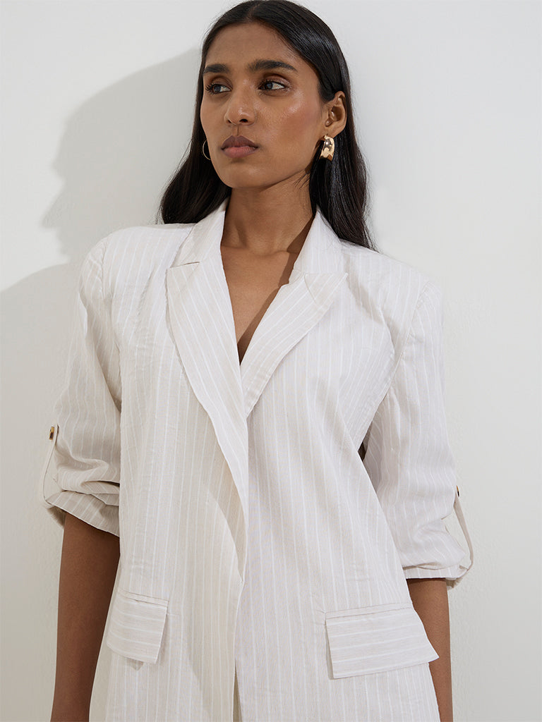 Westside Wardrobe Women's Light Beige Stripe Patterned Blazer for Work Wear Zoom View