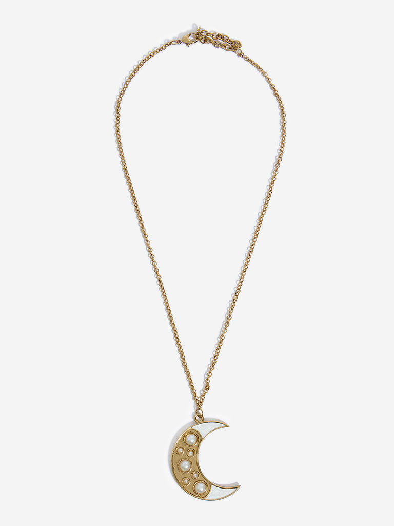 Westside Accessories Gold & White Crescent Moon Pendant Necklace