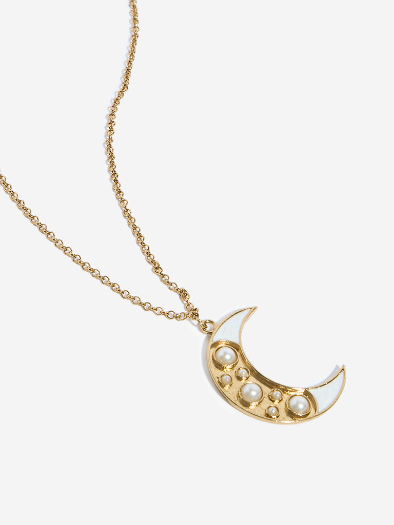 Westside Accessories Gold & White Crescent Moon Pendant Necklace