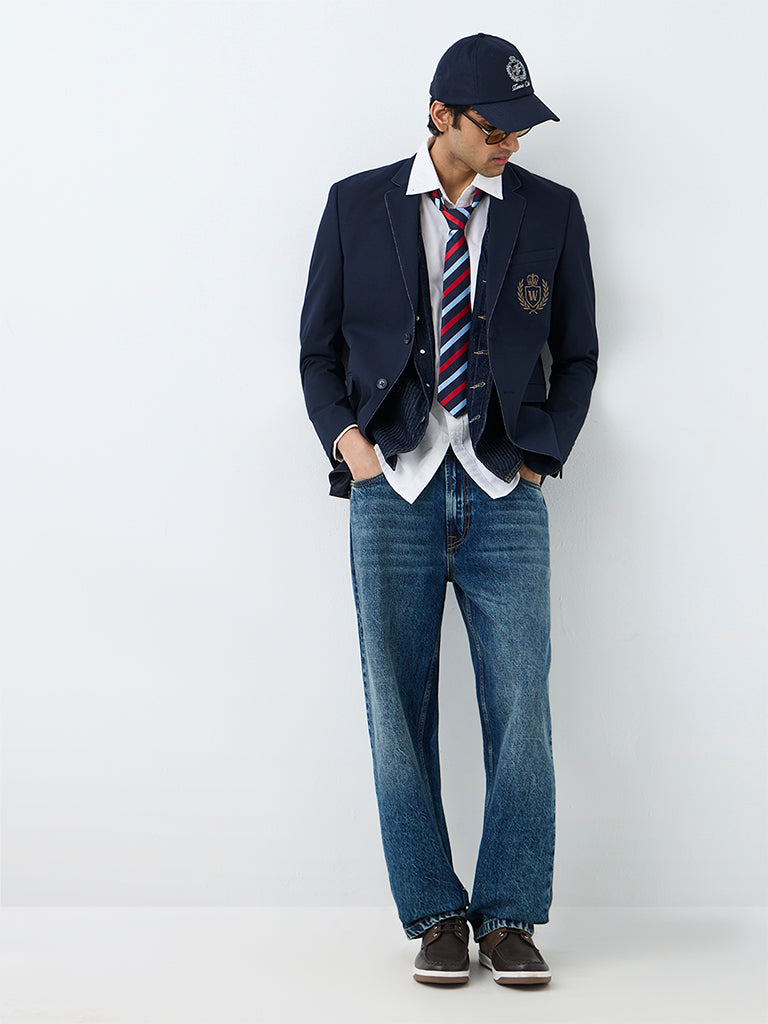 WES Casuals Navy Embroidered Slim-Fit Blazer
