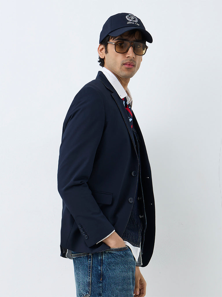 WES Casuals Navy Embroidered Slim-Fit Blazer