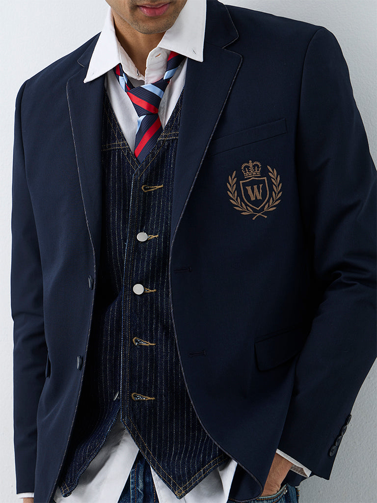 WES Casuals Navy Embroidered Slim-Fit Blazer