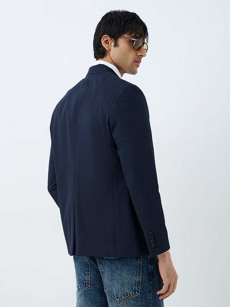 WES Casuals Navy Embroidered Slim-Fit Blazer