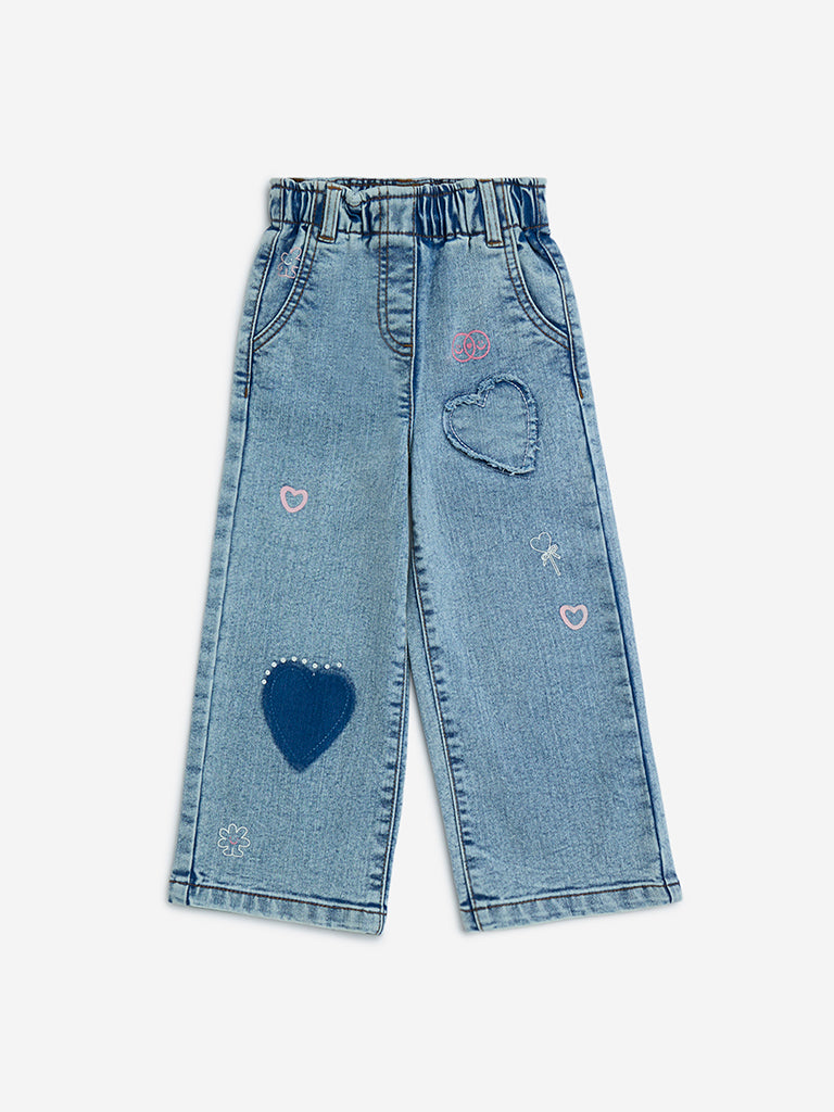 Westside HOP Kids Light Blue Faded Wide-Leg Mid-Rise Jeans for Casual Wear Front View