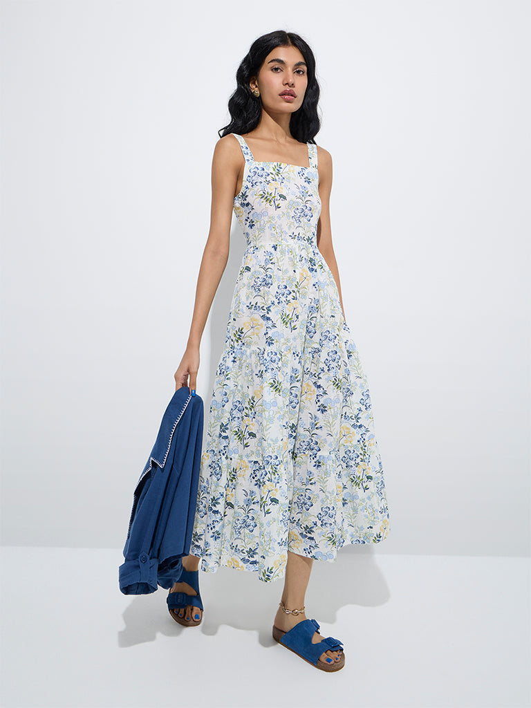 westisde Bombay Paisley Women's Blue Floral Tiered Cotton Dress with Jacket for Everyday Full Model View