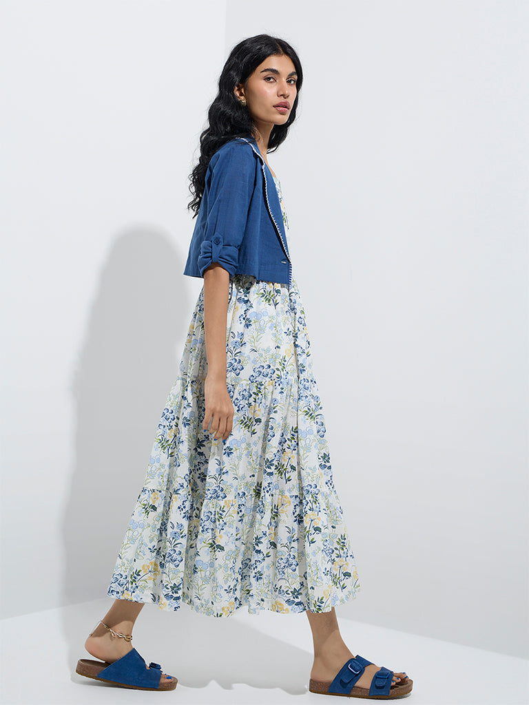westisde Bombay Paisley Women's Blue Floral Tiered Cotton Dress with Jacket for Everyday Front View