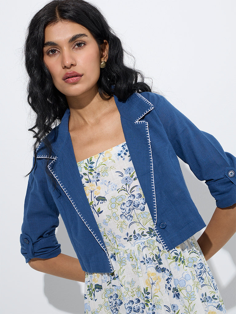 westisde Bombay Paisley Women's Blue Floral Tiered Cotton Dress with Jacket for Everyday Zoom View