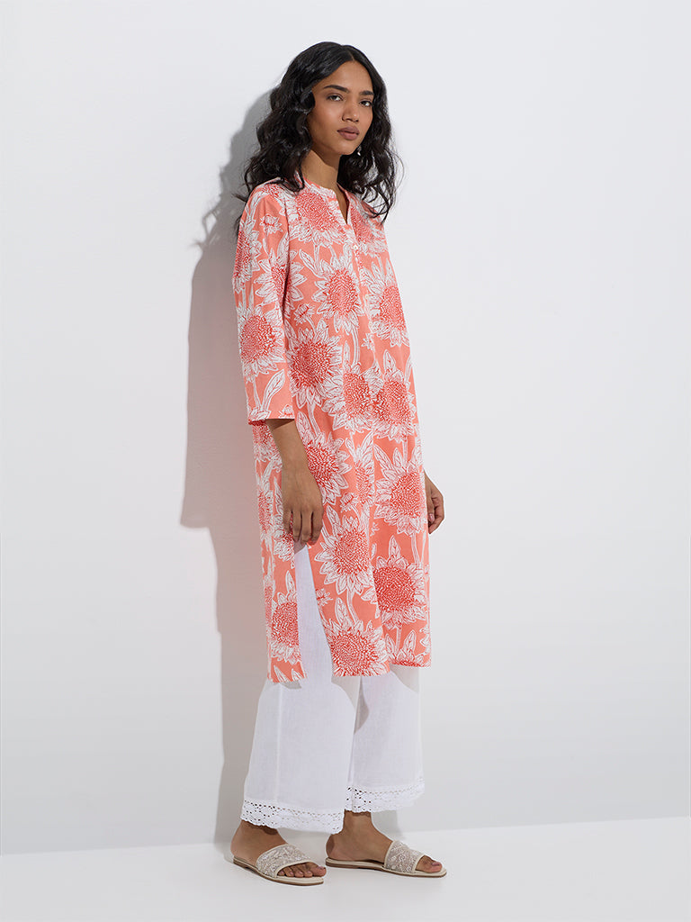 Westside Utsa Women's Coral Floral Design Cotton Straight Kurta for Everyday Full Model View