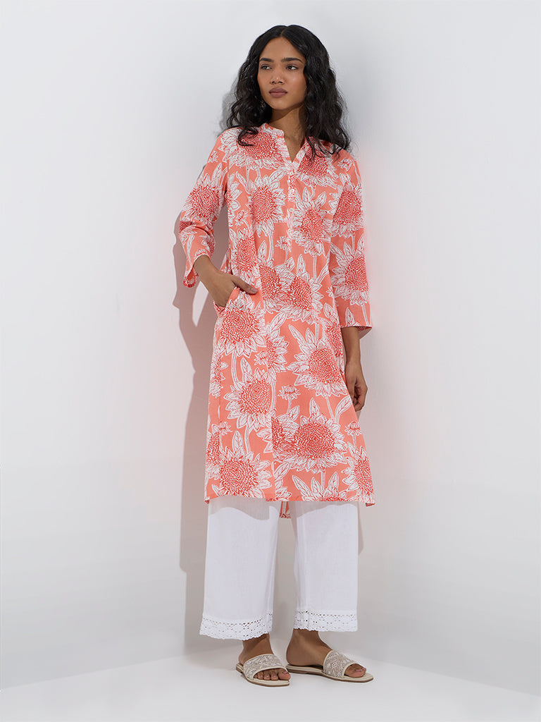 Westside Utsa Women's Coral Floral Design Cotton Straight Kurta for Everyday Front View