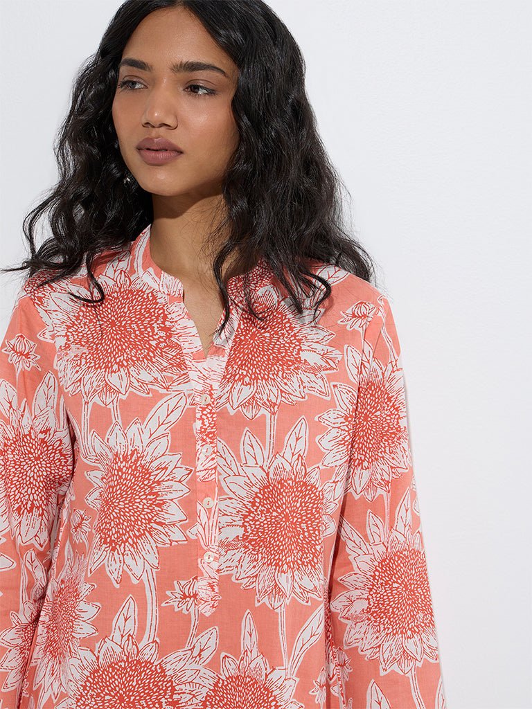 Westside Utsa Women's Coral Floral Design Cotton Straight Kurta for Everyday Zoom View