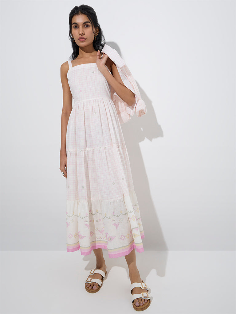 Westside Bombay Paisley Women's Light Pink Cotton Tiered Dress with Jacket for Everyday Full Model View