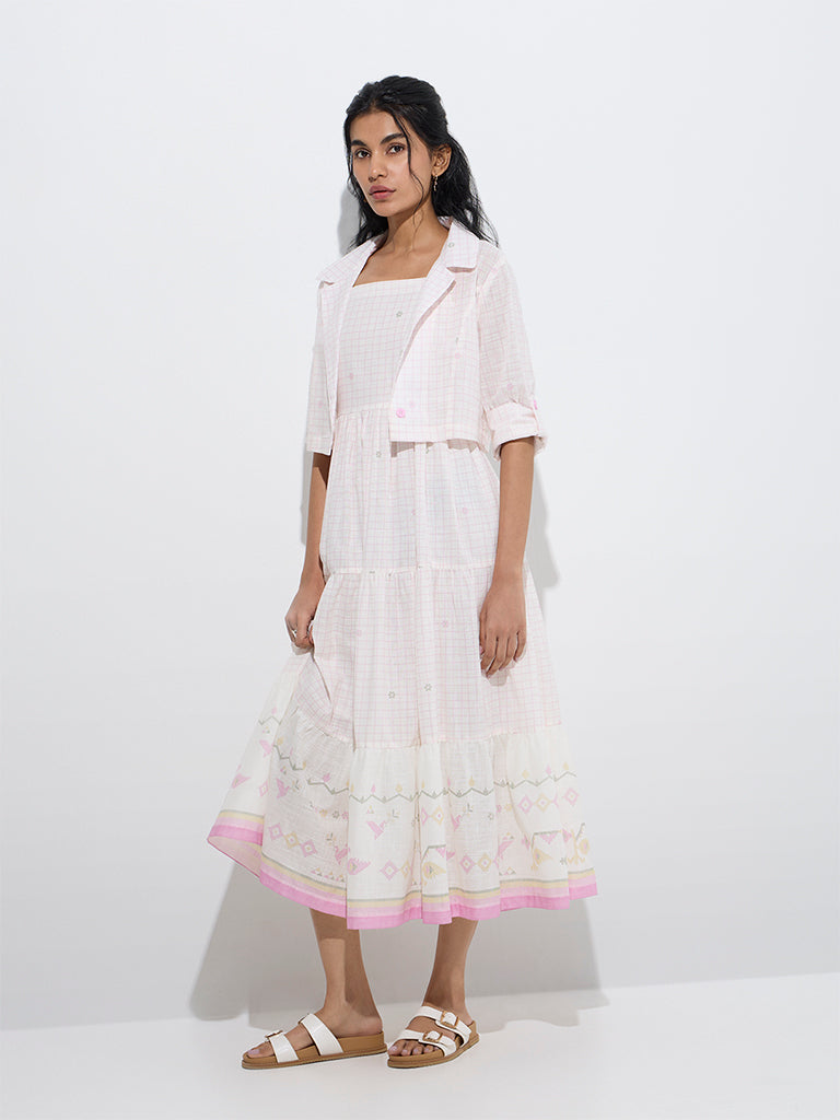 Westside Bombay Paisley Women's Light Pink Cotton Tiered Dress with Jacket for Everyday Front View