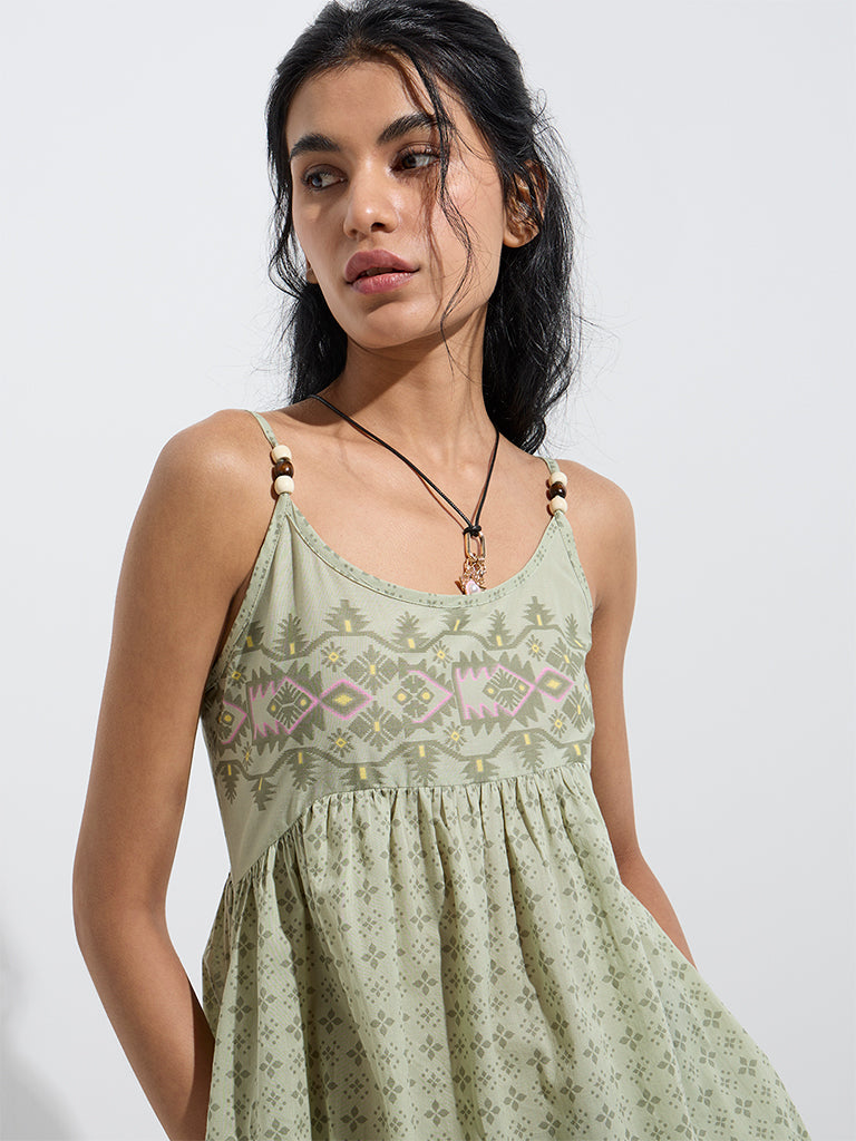 Westside Bombay Paisley Women's Sage Printed Cotton Tiered Dress for Everyday Zoom View