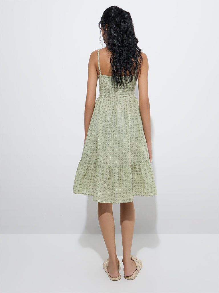Westside Bombay Paisley Women's Sage Printed Cotton Tiered Dress for Everyday Back View