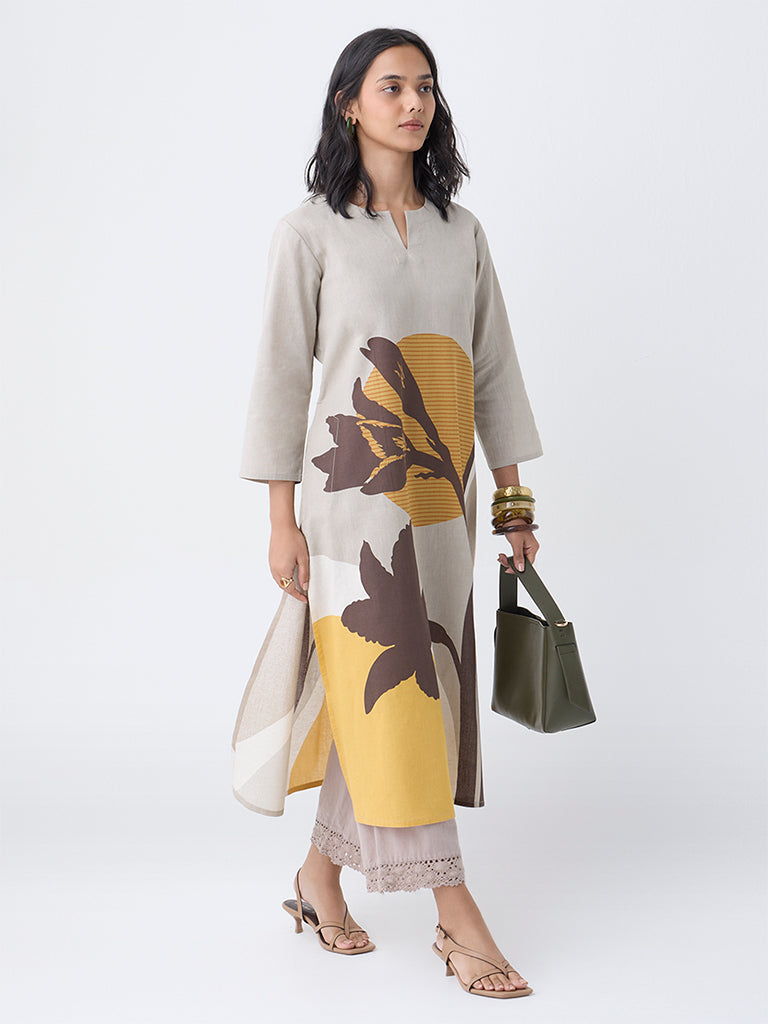 Utsa Taupe Printed A-Line Cotton-Blend Kurta