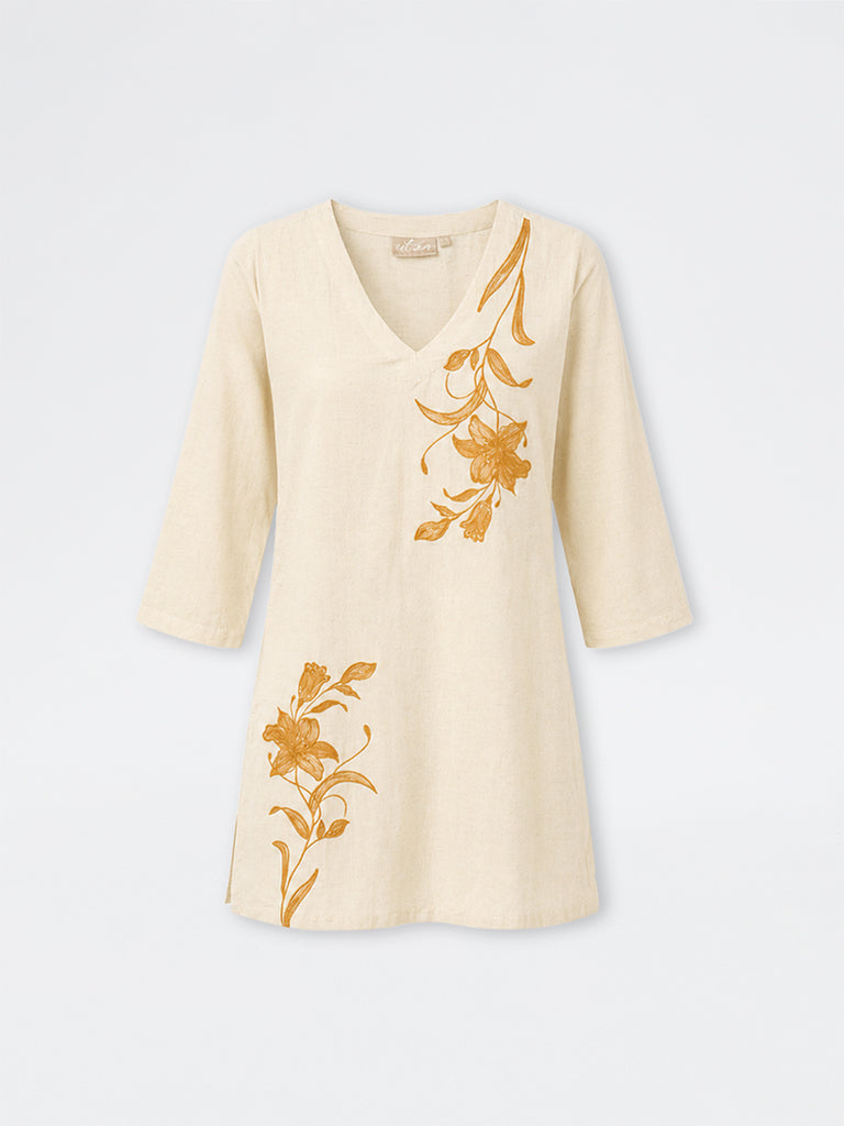 Utsa Cream Floral Embroidered Cotton-Blend Straight Tunic