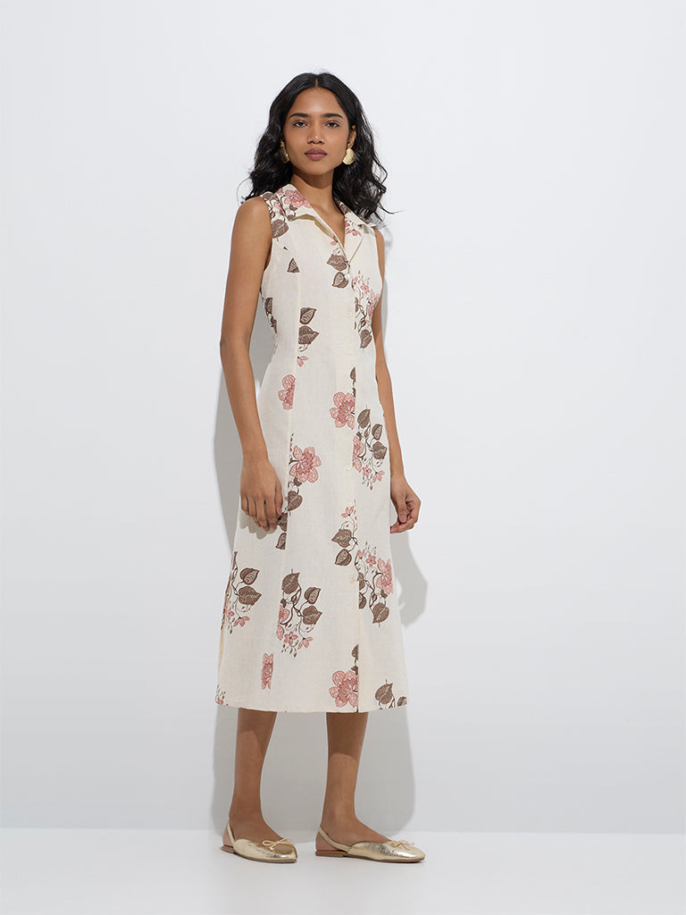 Utsa Off-White Floral Printed Cotton-Blend Shirt Dress
