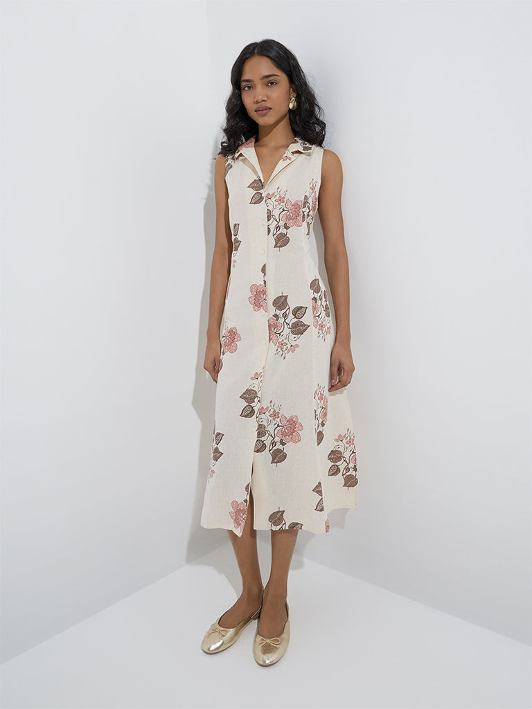 Utsa Off-White Floral Printed Cotton-Blend Shirt Dress