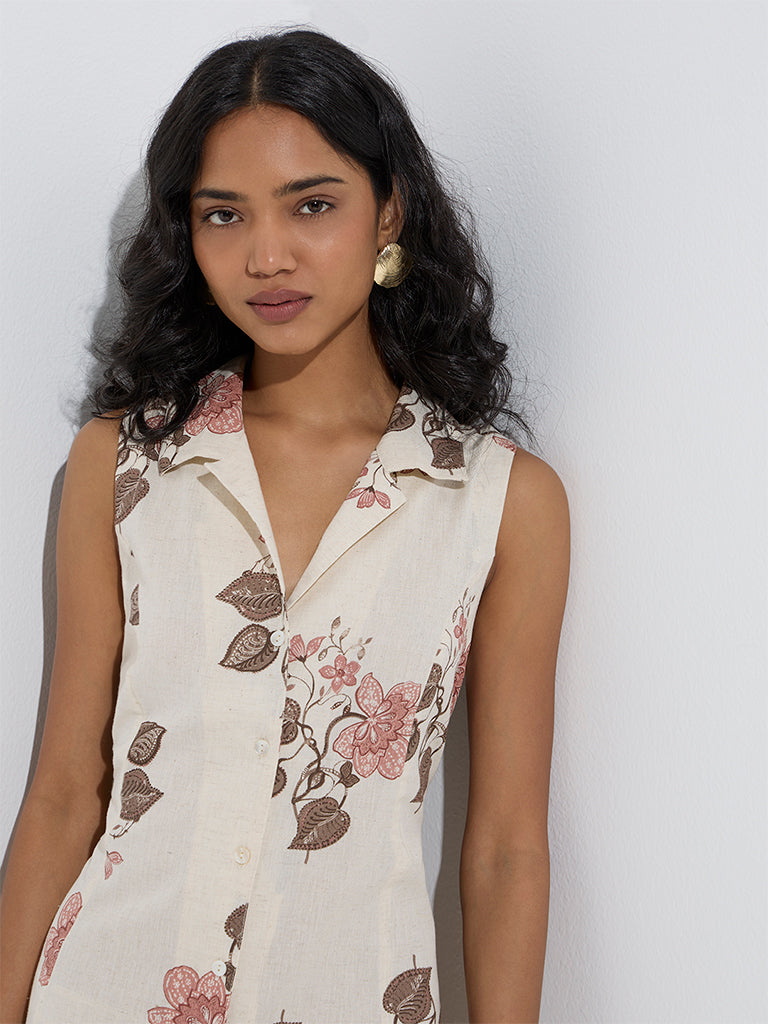 Utsa Off-White Floral Printed Cotton-Blend Shirt Dress