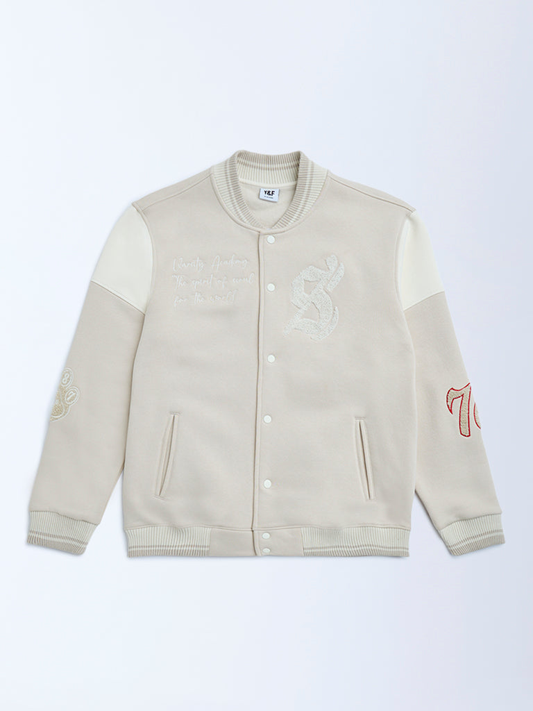 Boys Beige Animal Printed Cotton-Blend Varsity Jacket