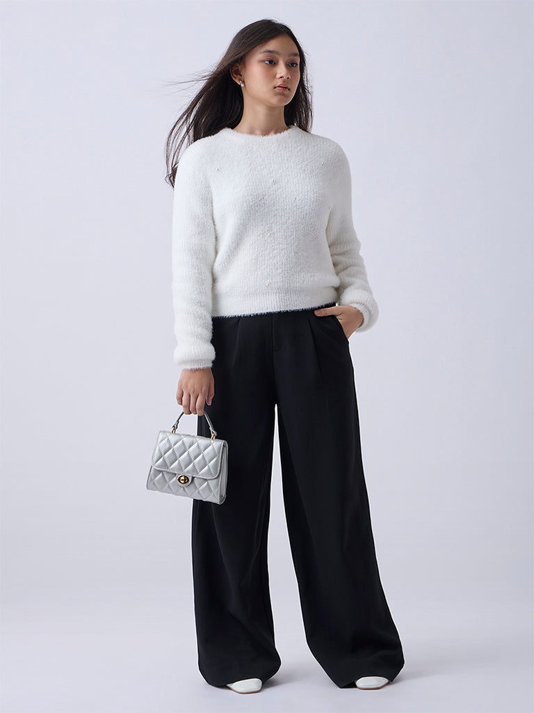 Girls White Pearl-Detailed Knitted Sweater