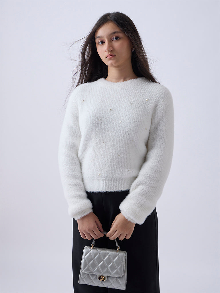 Girls White Pearl-Detailed Knitted Sweater