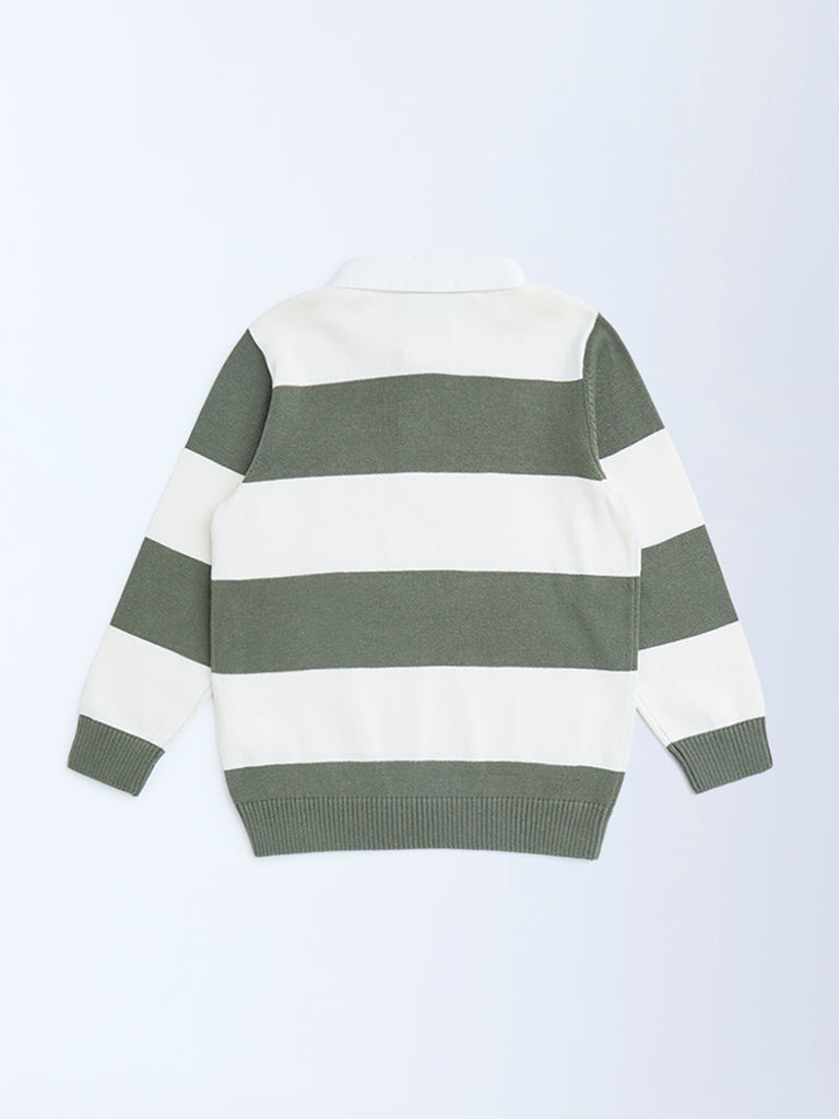 HOP Kids Boys Olive Striped Cotton Polo Sweater