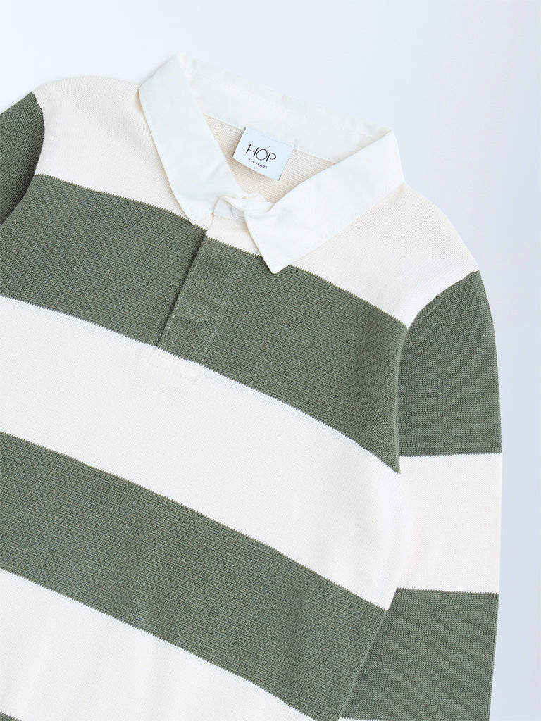 HOP Kids Boys Olive Striped Cotton Polo Sweater