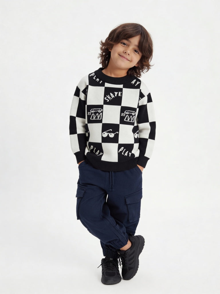 HOP Kids Boys Black and White Knit-Textured Cotton Sweater