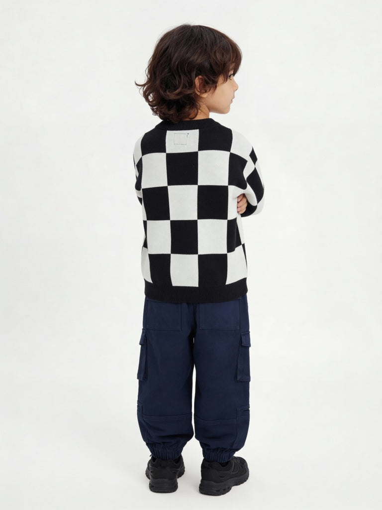 HOP Kids Boys Black and White Knit-Textured Cotton Sweater
