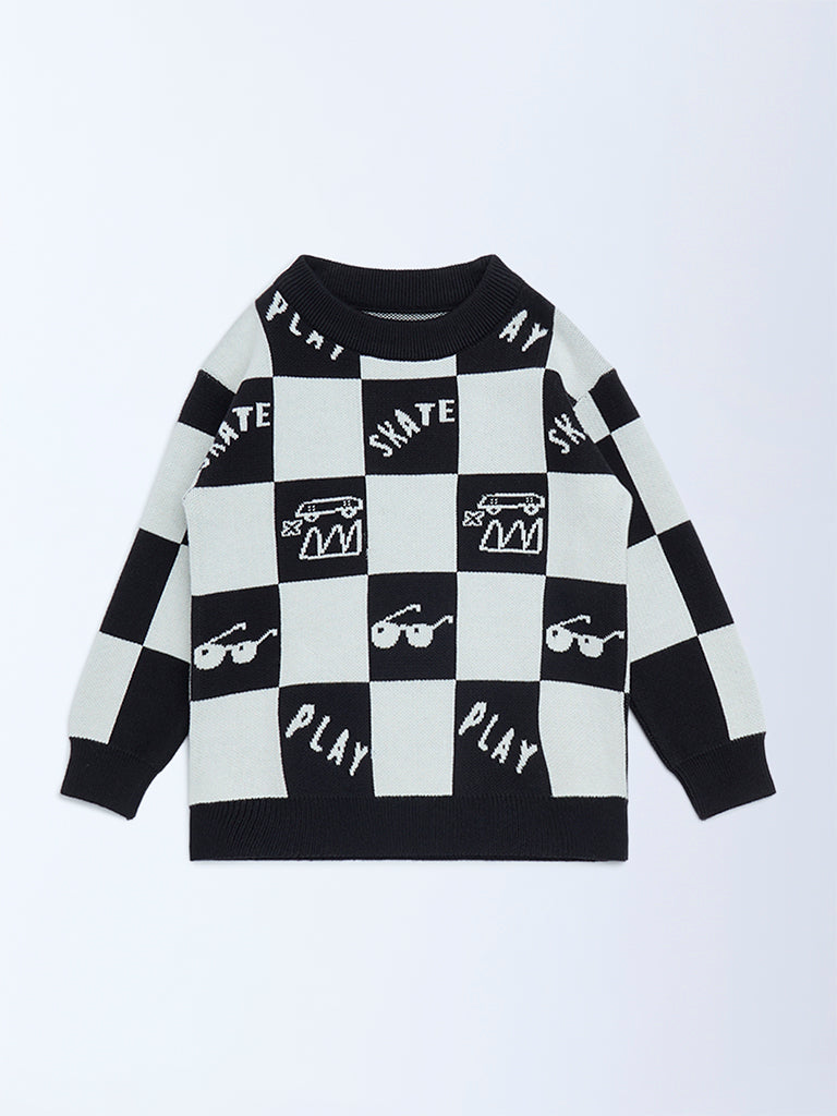 HOP Kids Boys Black and White Knit-Textured Cotton Sweater