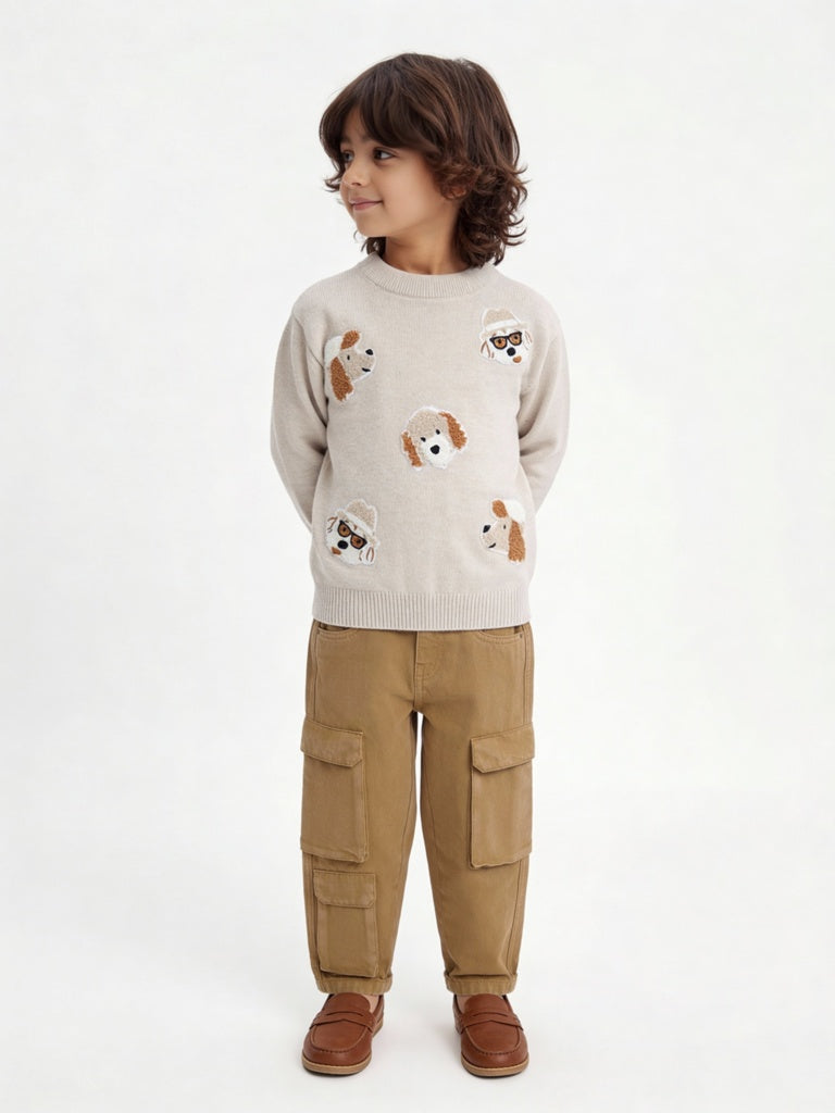 HOP Kids Boys Beige Animal Embroidered Cotton Sweater