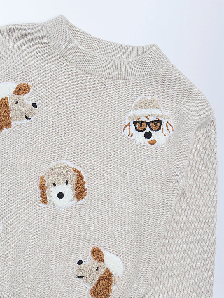 HOP Kids Boys Beige Animal Embroidered Cotton Sweater