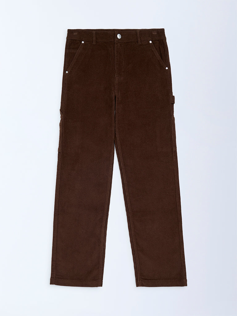 Boys Brown Mid-Rise Corduroy Trousers
