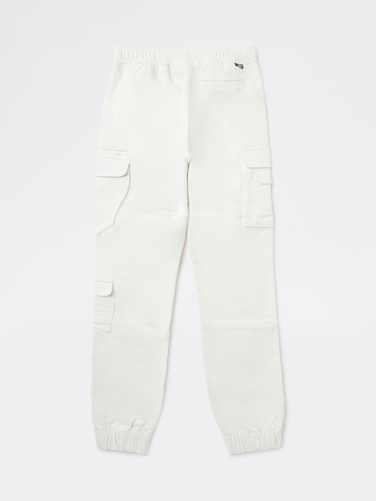 Boys White Cargo-Style Mid-Rise Cotton-Blend Joggers
