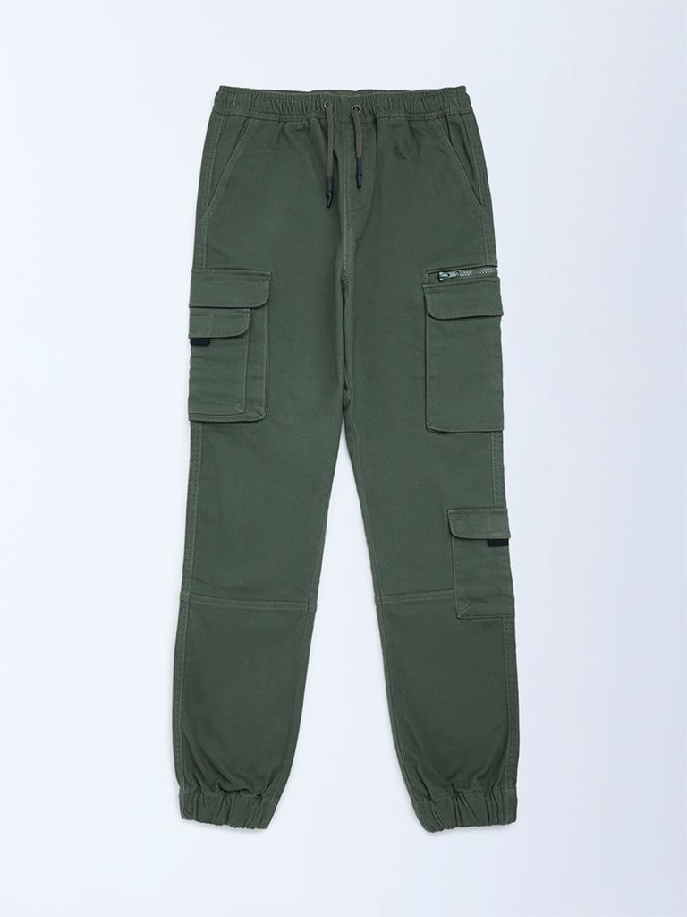 Boys Olive Mid-Rise Cotton-Blend Joggers