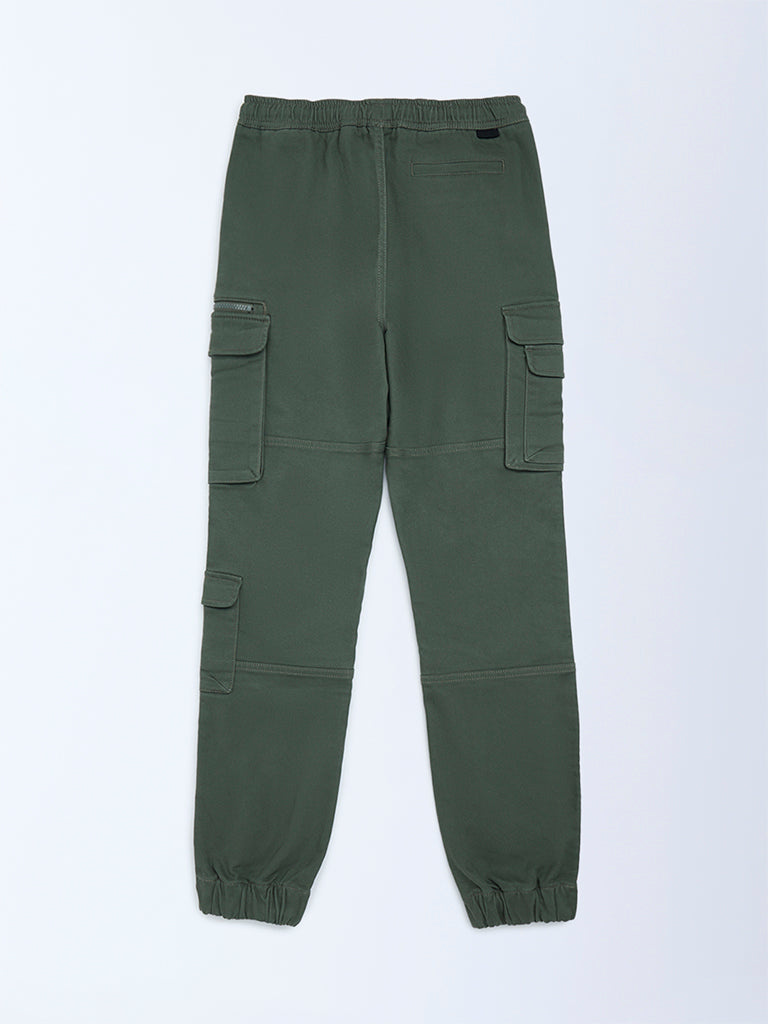 Boys Olive Mid-Rise Cotton-Blend Joggers