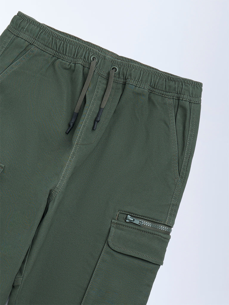 Boys Olive Mid-Rise Cotton-Blend Joggers